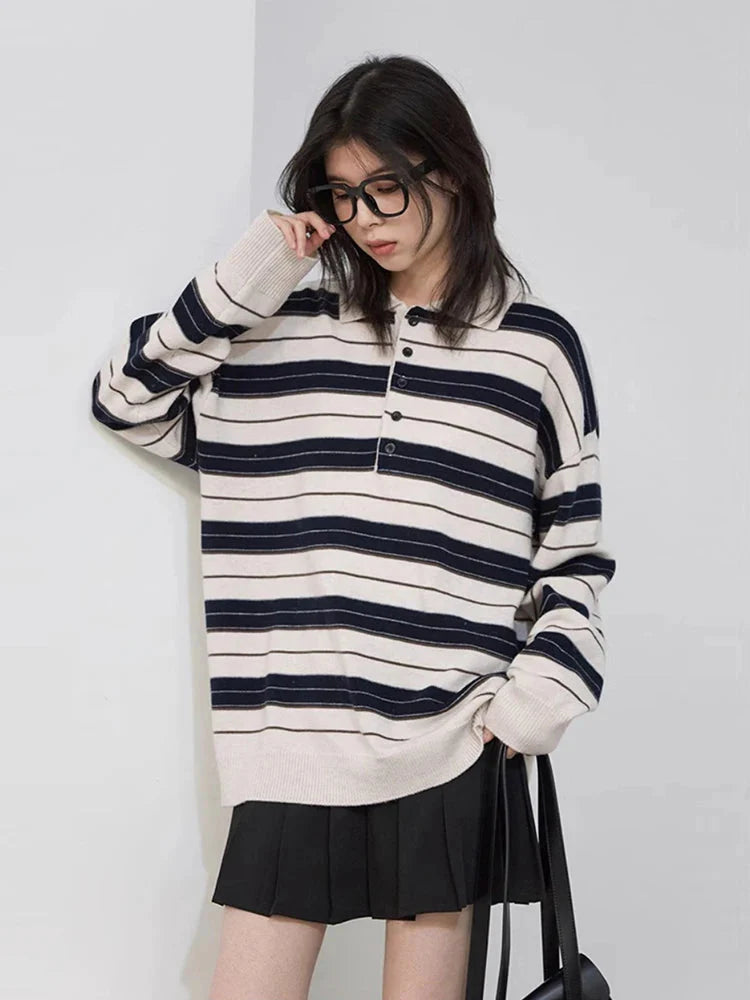 Striped Polo Collar Sweater Casual Knit Pullover