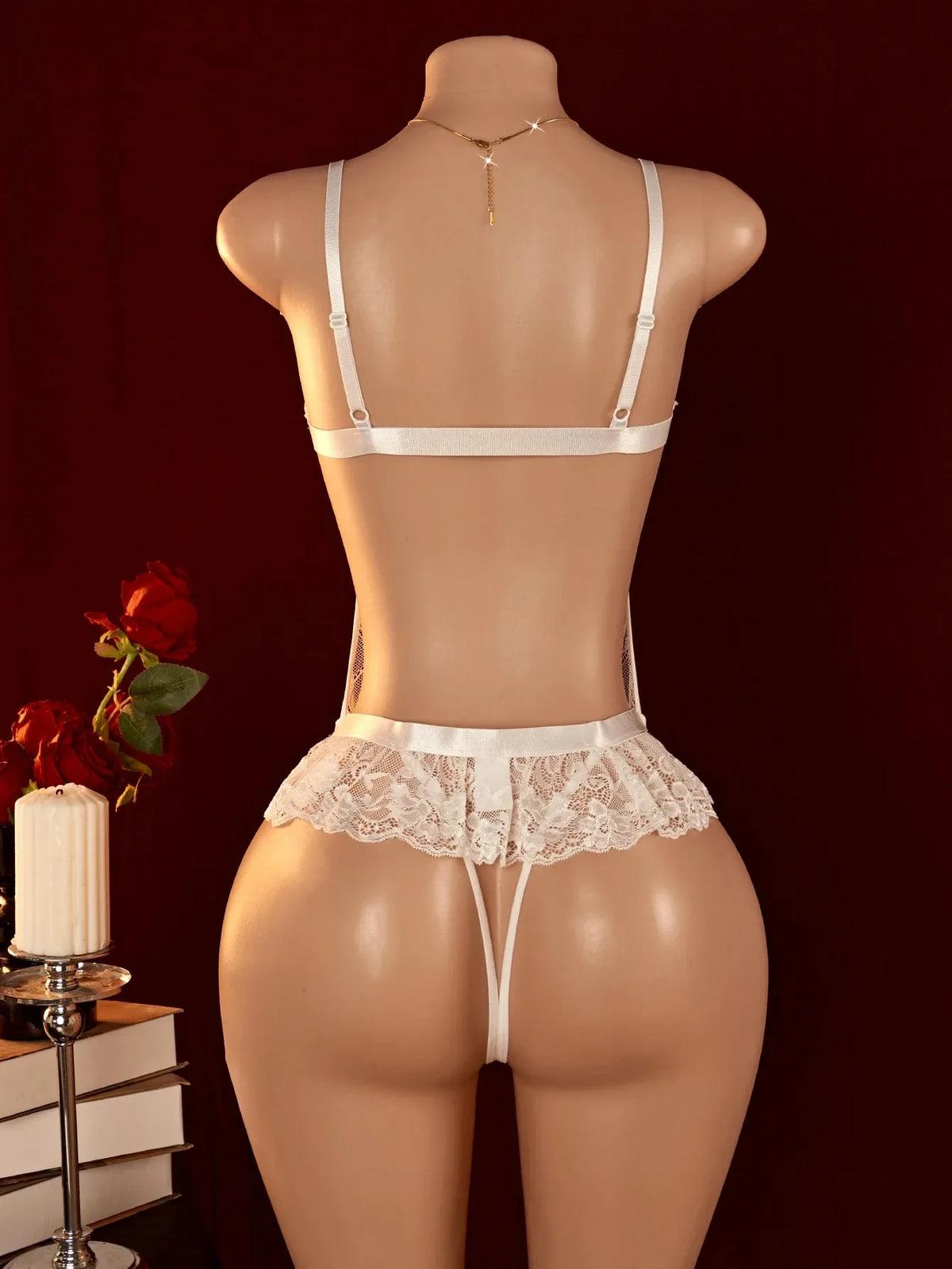 White Red Sexy Lace Underwear Erotic Hollow Bra Set Women Crotchless Bodysuit Transparent Deep V Open Bra Lingerie Set