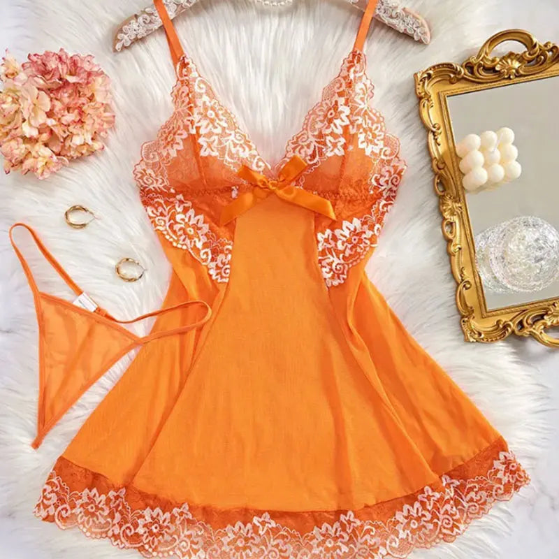 Transparent Thin Style G-string Lace Ruffle Trim Lingerie Set Women Nightgowns Sleeveless Sleepwear Sexy V-Neck Bra Panty Sets