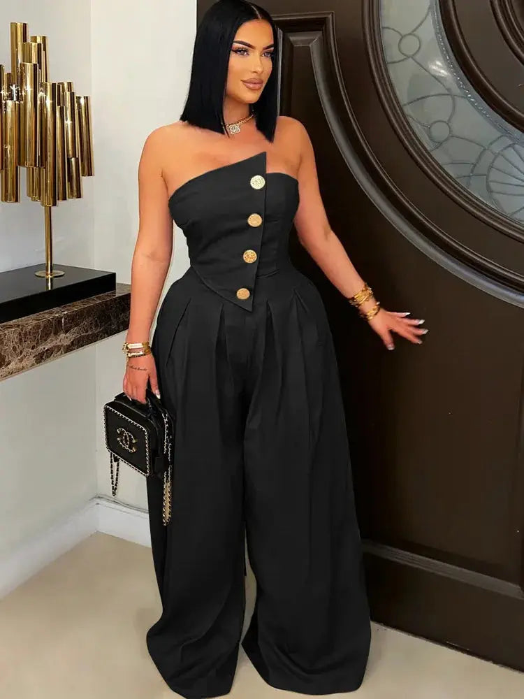 Button Detail Wide Leg Jumpsuit