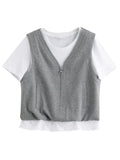 Simple Gray Short-Sleeve Faux Two-Piece Skirt Suit