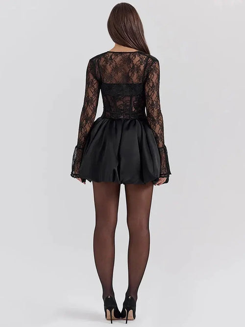 Black Lace Puff-Sleeve Mini Dress