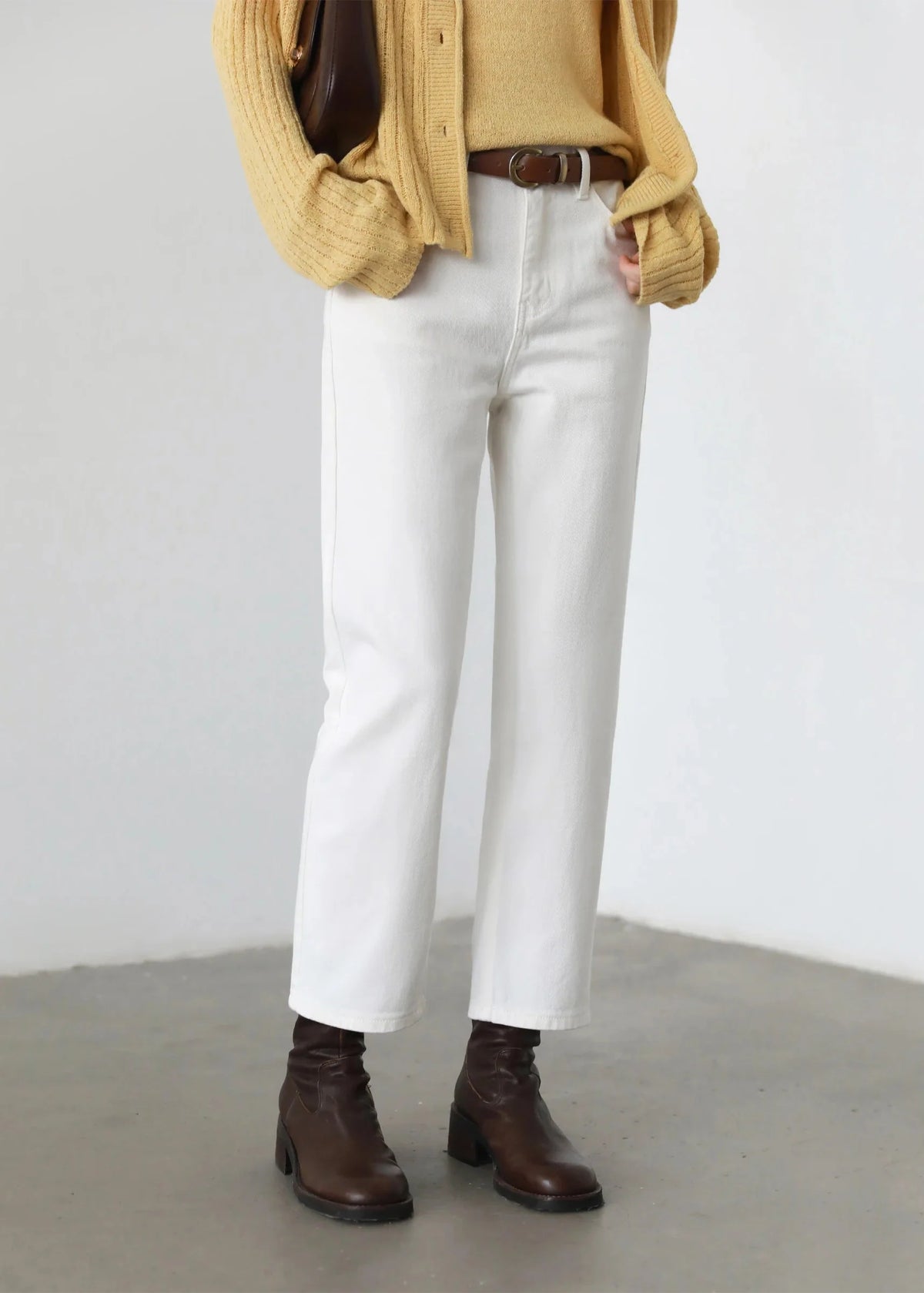 High Waisted White Cotton Pants Slim Straight Leg