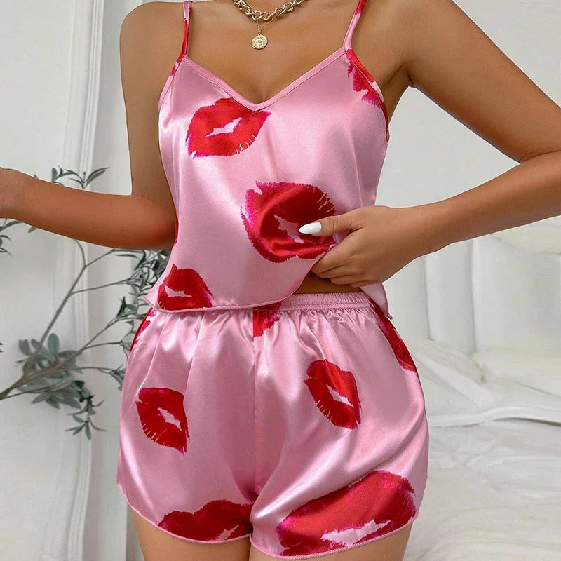 Heart Print Satin Pajama Set for Women Sexy V Neck Sleepwear Summer Cami Tops and Shorts Pajamas 2 Piece Loungewear Home Clothes