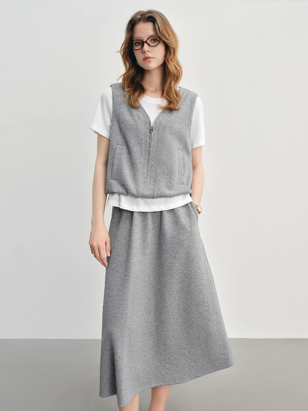 Gray Mock Two-Piece Skirt Suit Casual Short-Sleeve Set