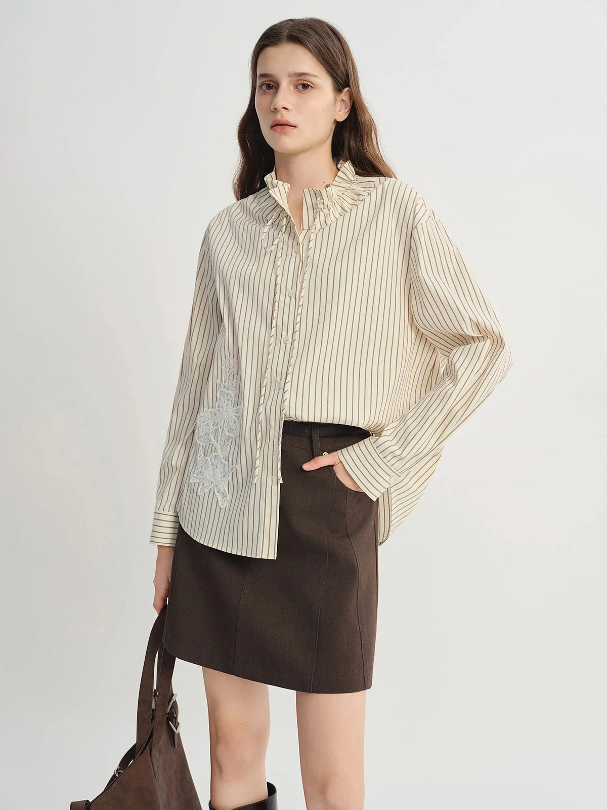 Plus Size Striped Ribbon Shirt Chic Lace Patch Autumn