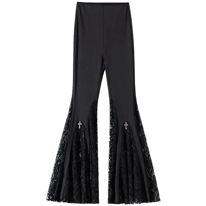 Gothic Black Lace Flare Pants - See-Through Mesh Trousers