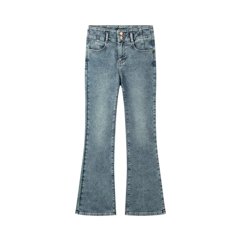 Women's High-Waist Flared Jeans Long Fleece Trousers