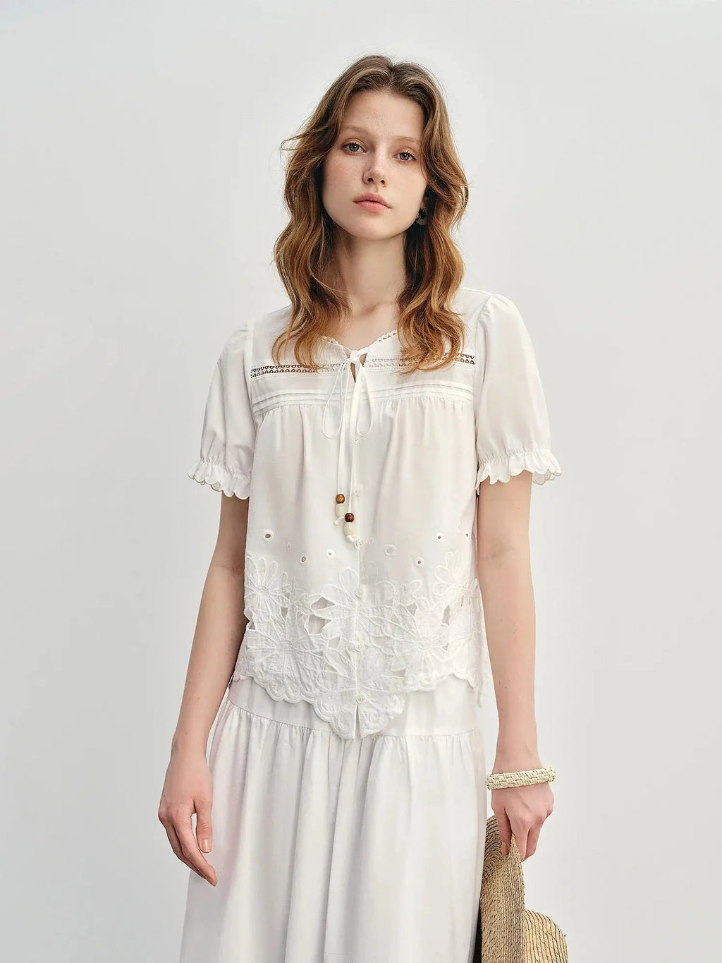 Plus-Size Elegant Cut-Out Embroidery Skirt and Blouse Set