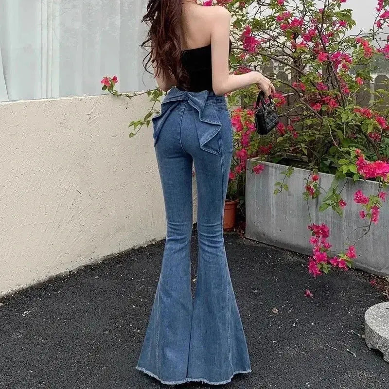 High-Waist Denim Flares with Bow Detail