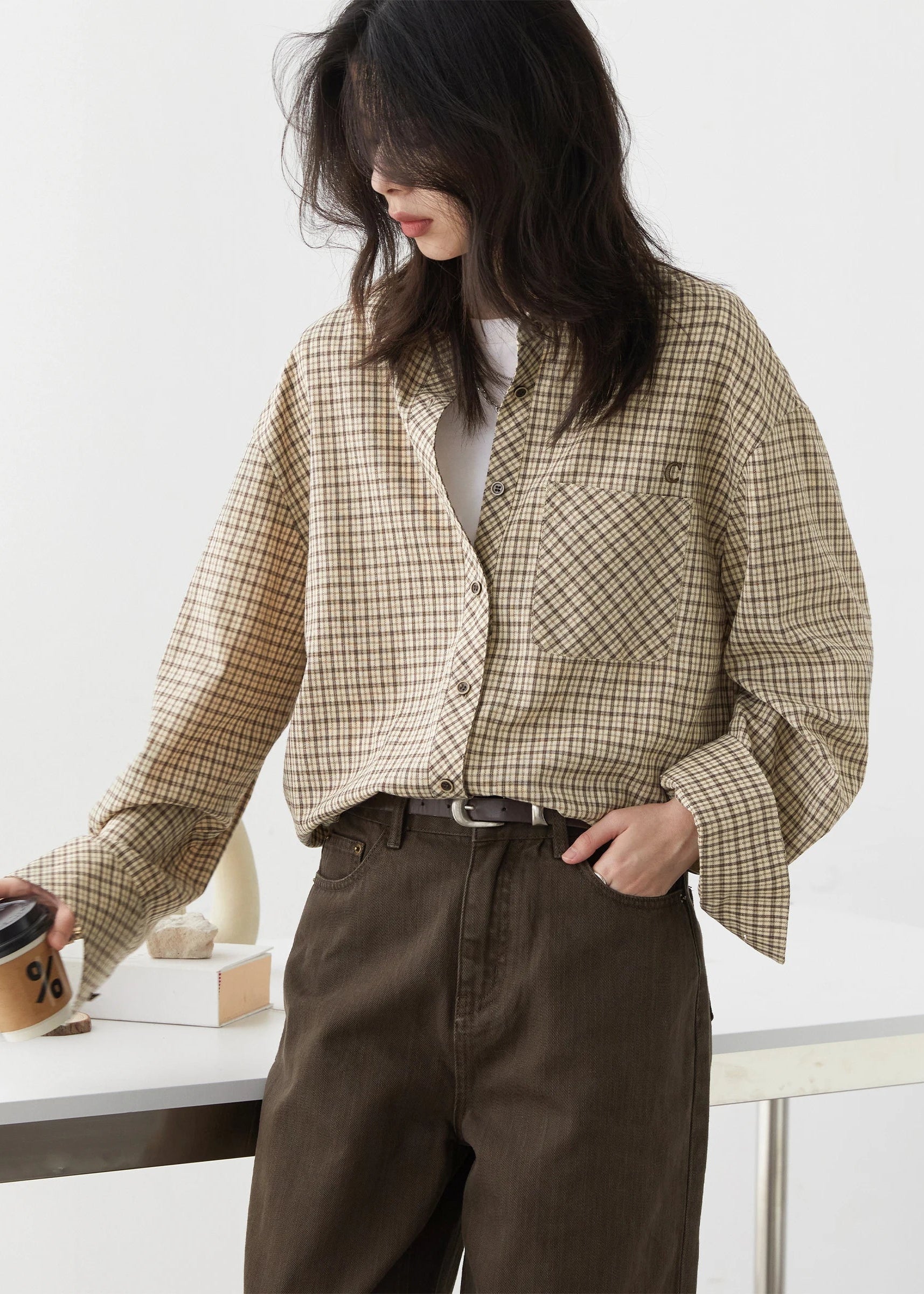 Retro Plaid Embroidered Shirt Loose Casual Autumn Blouse