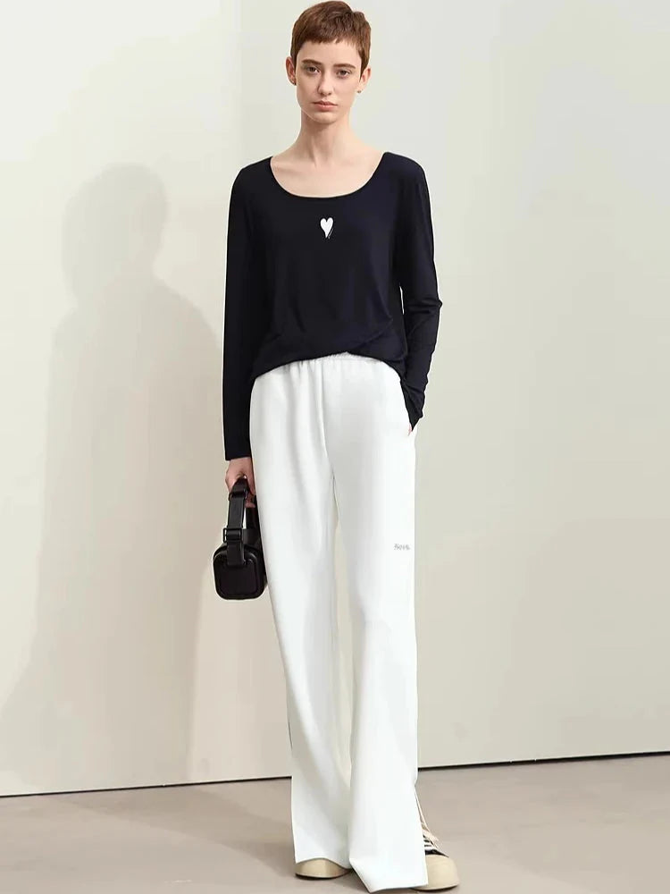 U-Neck Contrast Print Tee Long Sleeve Cotton Basic