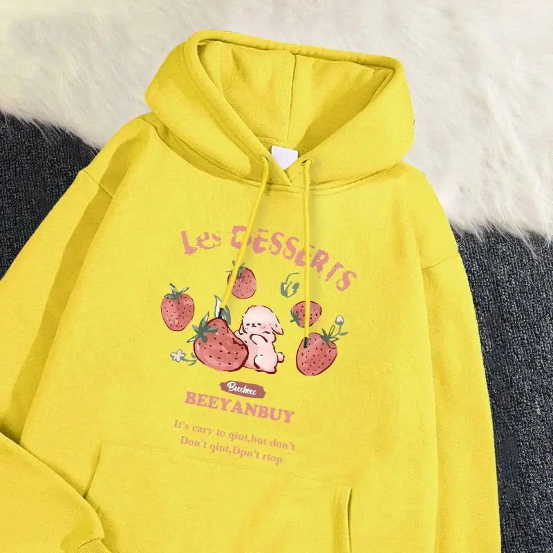 Adorable Rabbit & Strawberry Print Women's Hoodie for Cozy Days