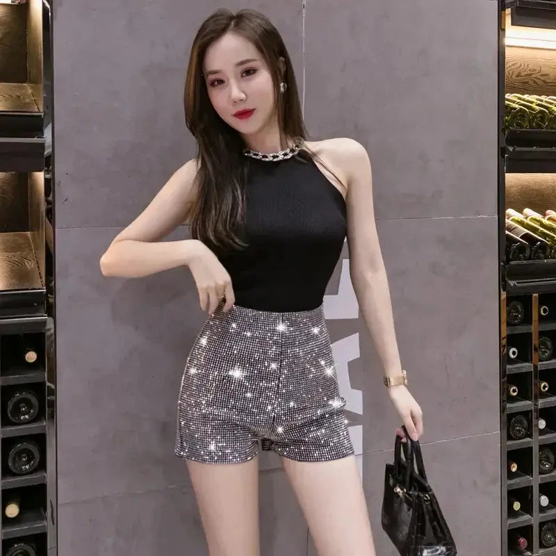Sparkly Black High-Waist Diamond Shorts