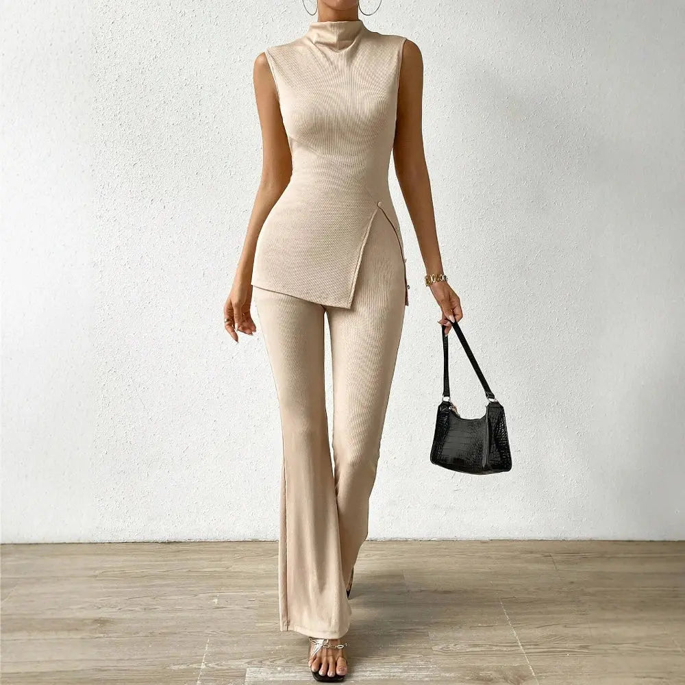 Chic Sleeveless Two-Piece Set: Stand Collar & Lettuce Hem
