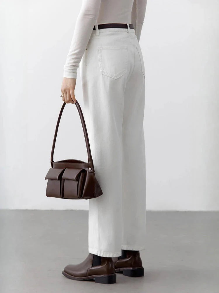 High Waisted White Cotton Pants Slim Straight Leg