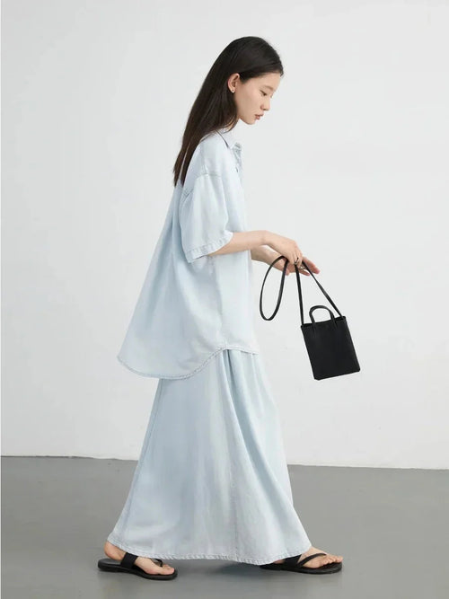 Blue Denim Set: Loose Shirt & Elastic Waist Shorts/Skirt