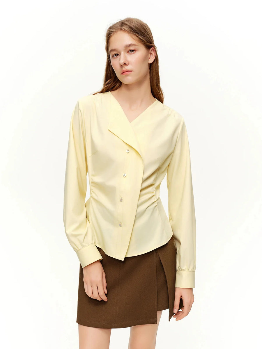 Women’s Asymmetrical V-Neck Blouse Slim Fit Office Top