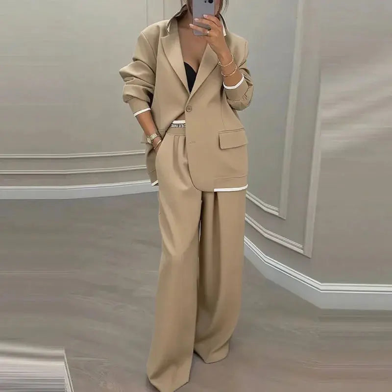 The Power Set: Solid Button Blazer and Straight-Leg Pant Suit