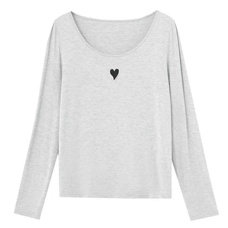 U-Neck Contrast Print Tee Long Sleeve Cotton Basic