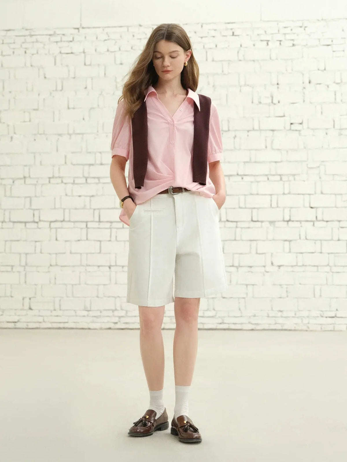 Short-Sleeved Pleated Top, Asymmetrical Hem