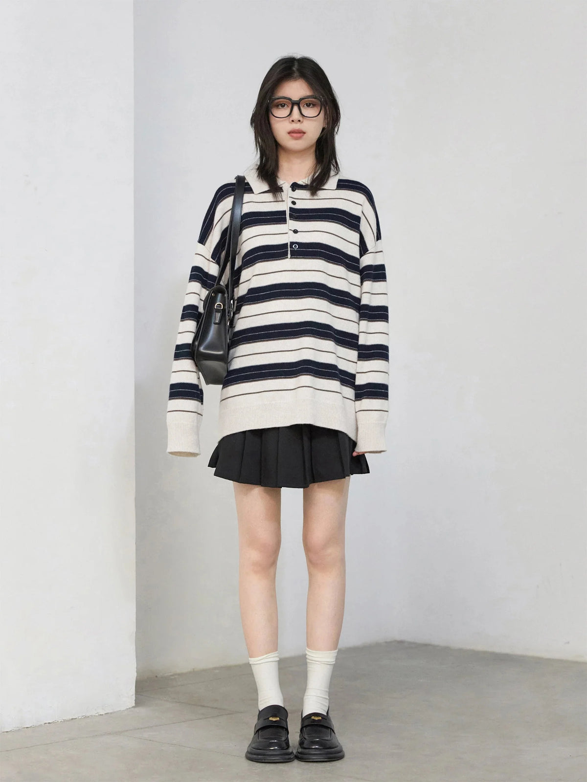 Striped Polo Collar Sweater Casual Knit Pullover