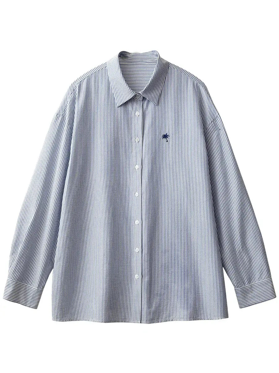 Striped Embroidered Long-Sleeve Blouse