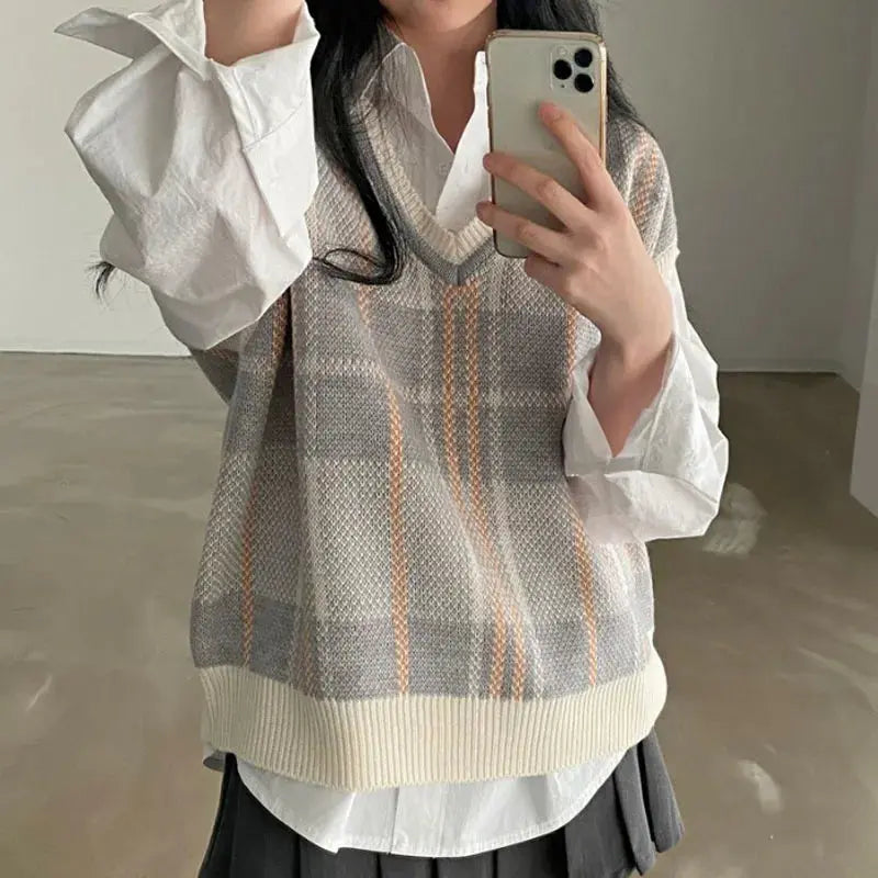 Vintage Korean Style Plaid Knit Pullover Vest