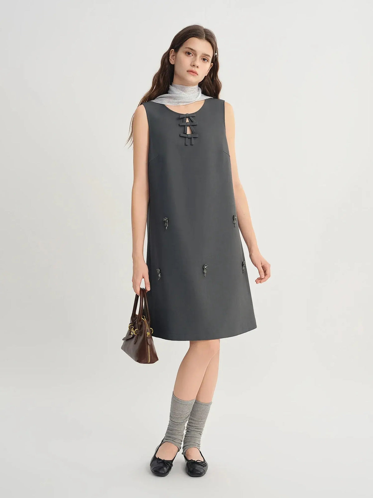 Embellished Beaded Tank Dress with Bow Accent for Fall