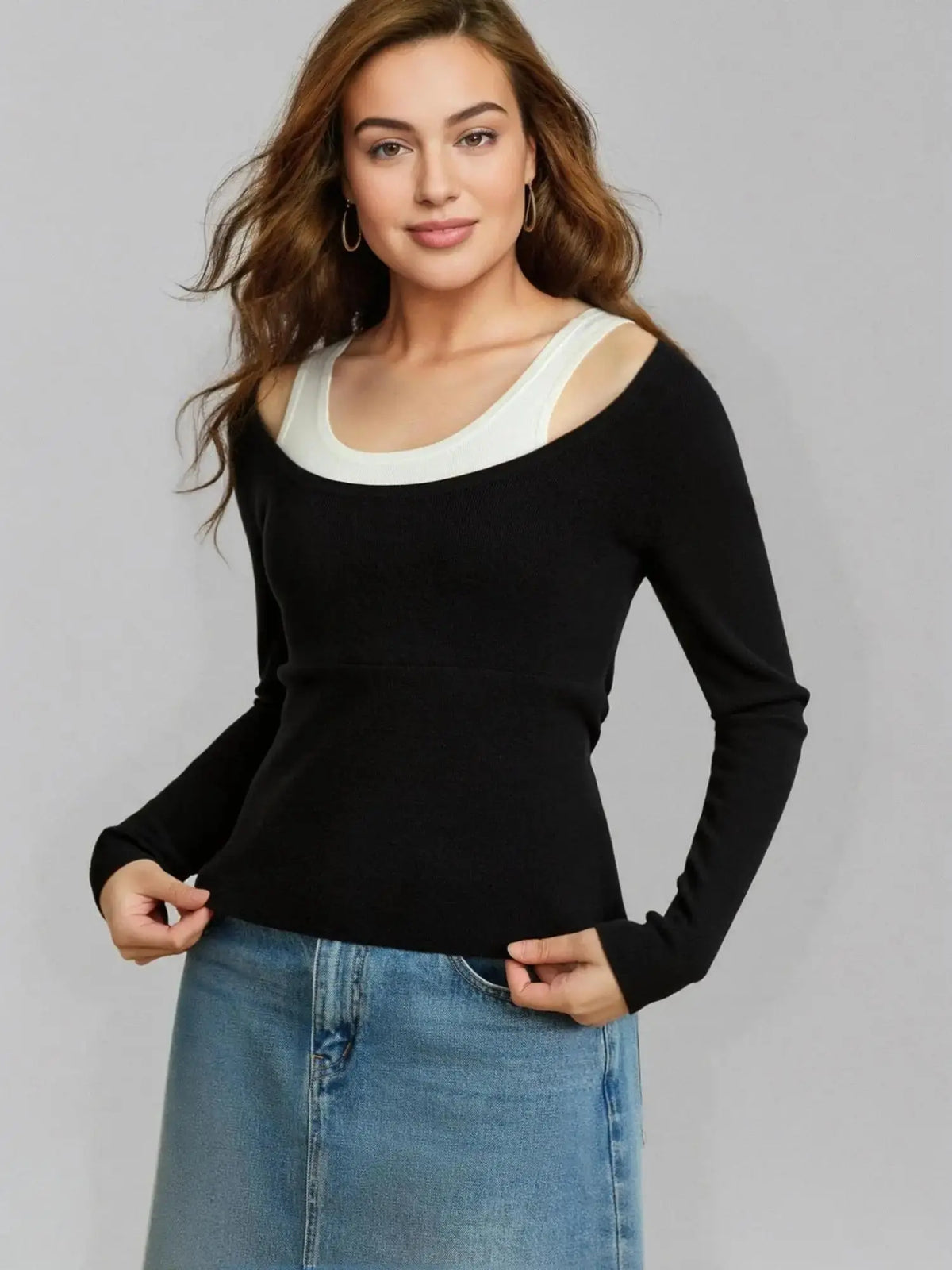 Plus Size Contrast Faux 2-Piece Sweater