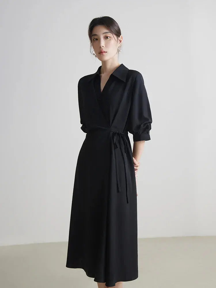 Temperament Black A-Line Drape Dress with Turn-down Collar