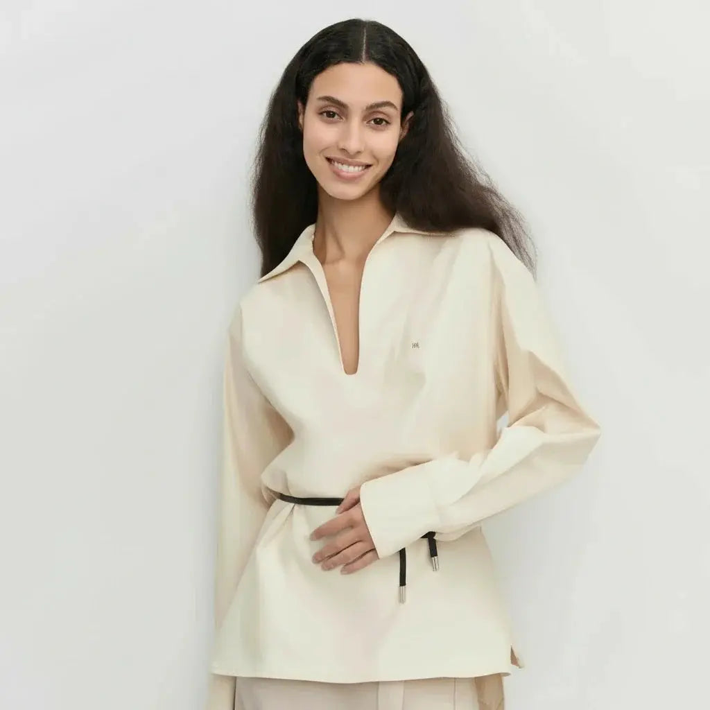 Beige V-Neck Long-Sleeve Commuter Top