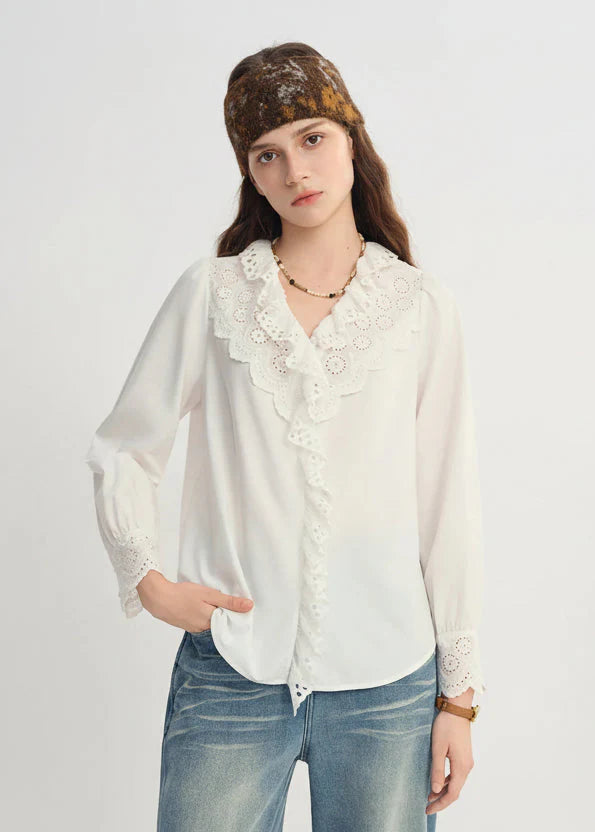 Elegant White Lace Stylish V-Neck Shirt