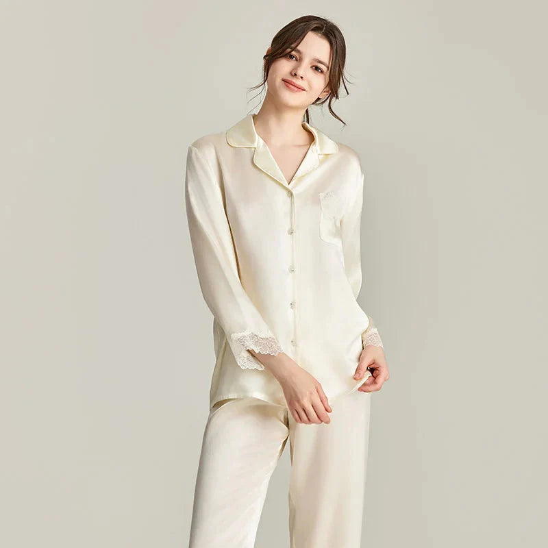 100% Real Silk Pajamas Set with Lace Trim Women's Sleepwear