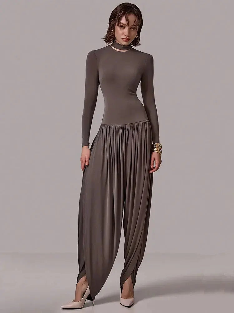 Slim-Fit Patchwork Jumpsuit with Draped Long Sleeves