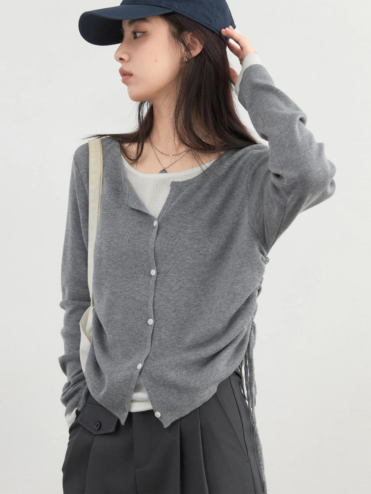 Slim Fit O-Neck Sweater Drawstring Waist Knit Jumper