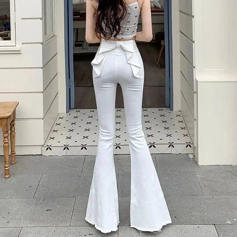 High-Waist Denim Flares with Bow Detail