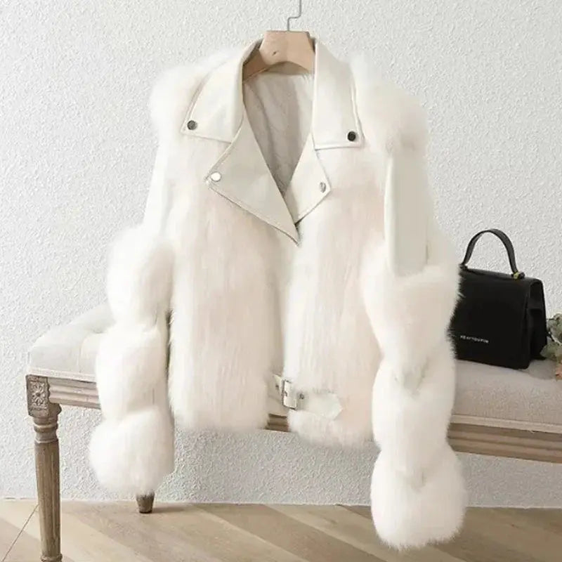Faux Fur Jacket Patchwork Long Sleeve Pu Leather Fluffy