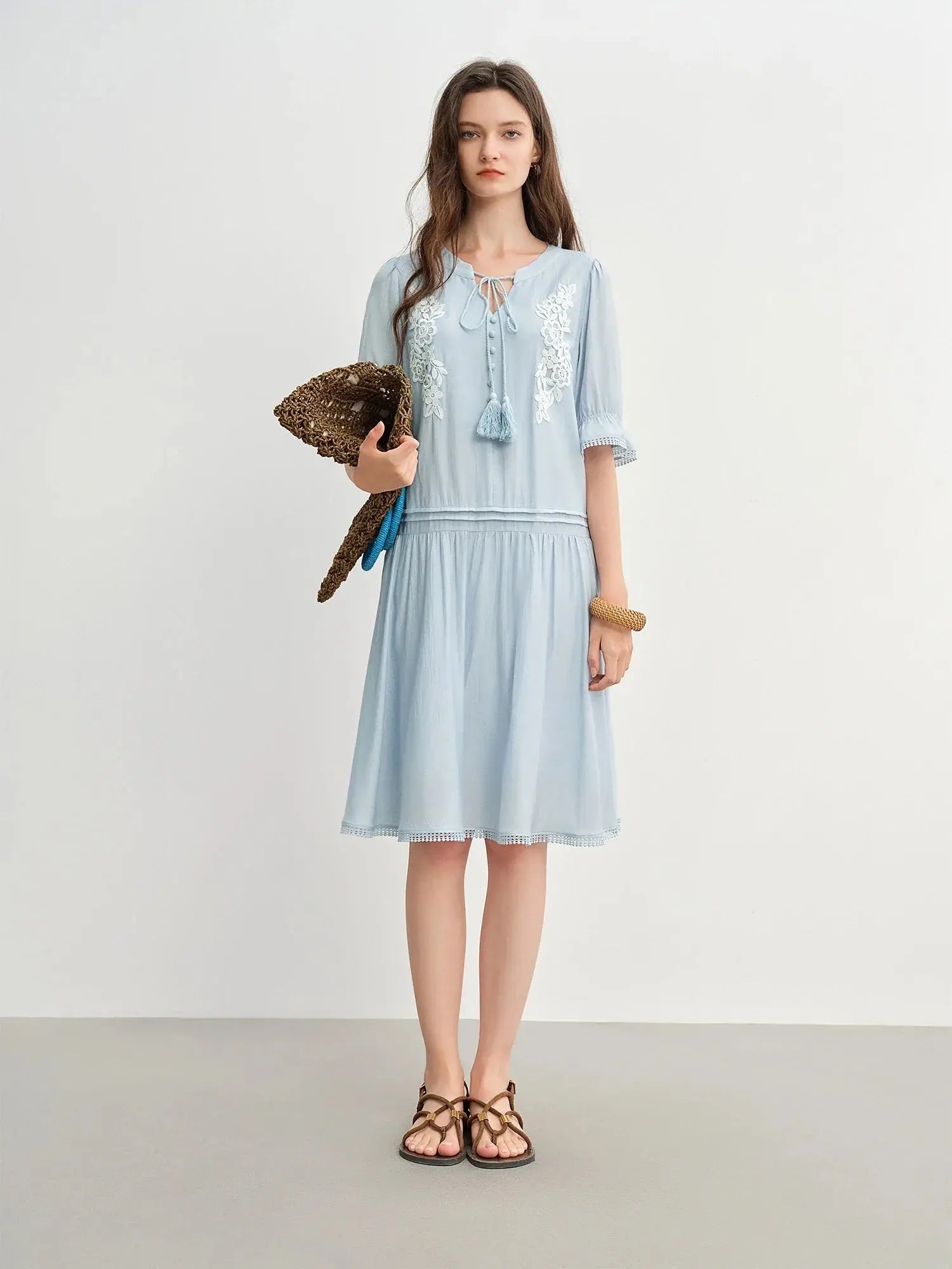 Bohemian Embroidered Midi Dress with Tassel Straps