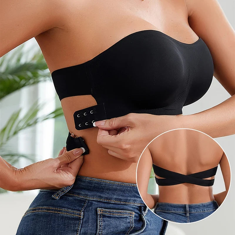 Women's Sexy Strapless Push Up Bra Removable Padded Seamless Ice Silk Top Women Invisible Beauty Back Anti-slip Off-shoulder Bra