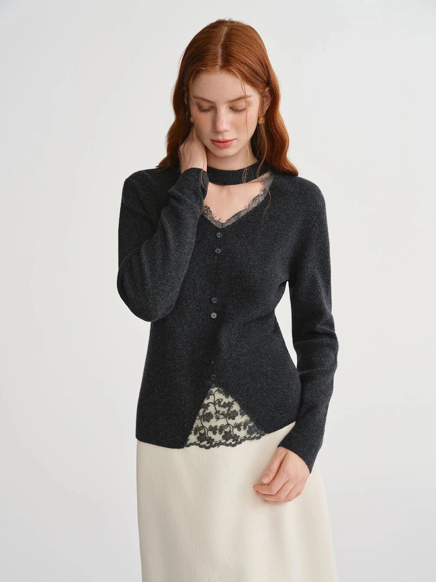 Plus Size Lace-Trimmed Mesh Knit Sweater Warm Wool Blend