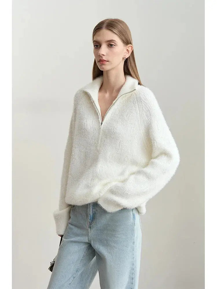 Women's Loose Fit Turtleneck Sweater with Quarter-Zip