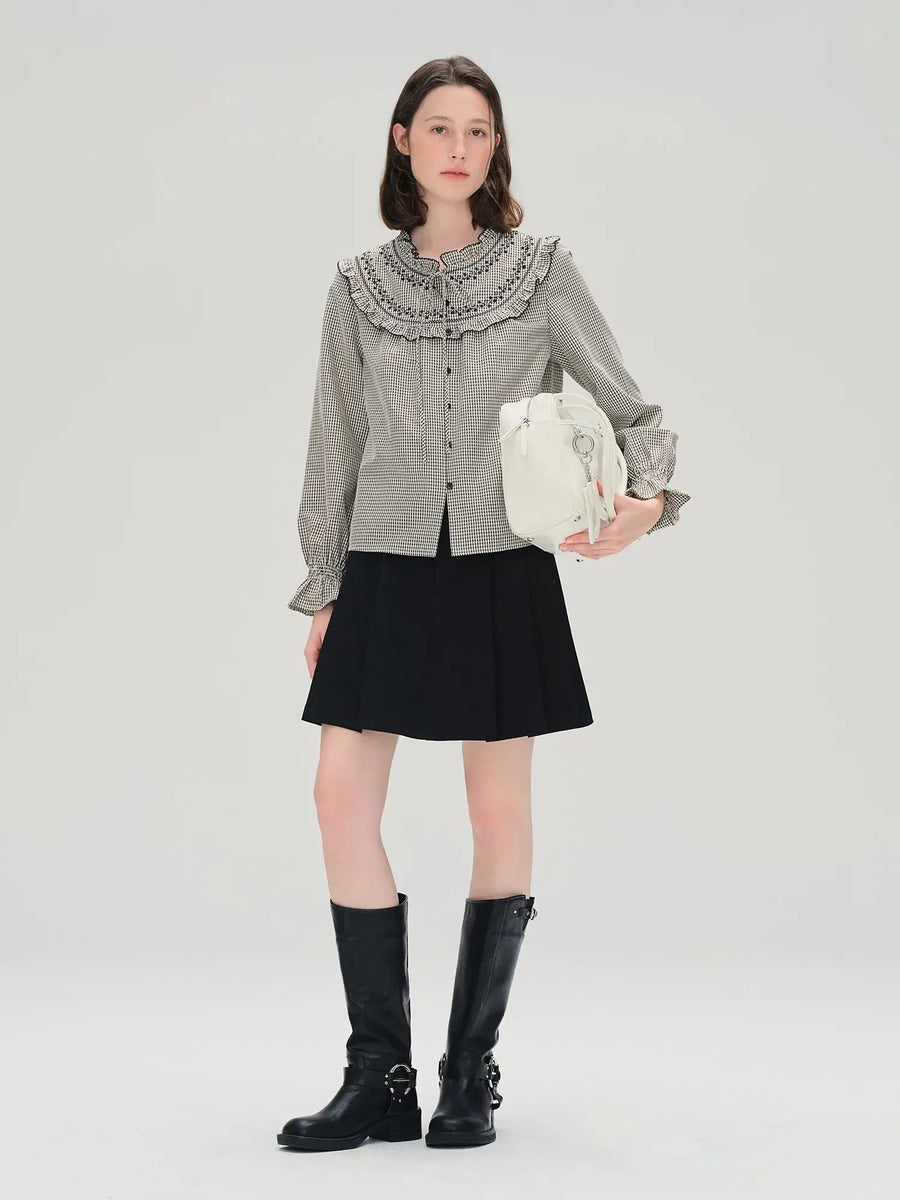 Sweet French Style Ruffled Plaid Shirt for Women