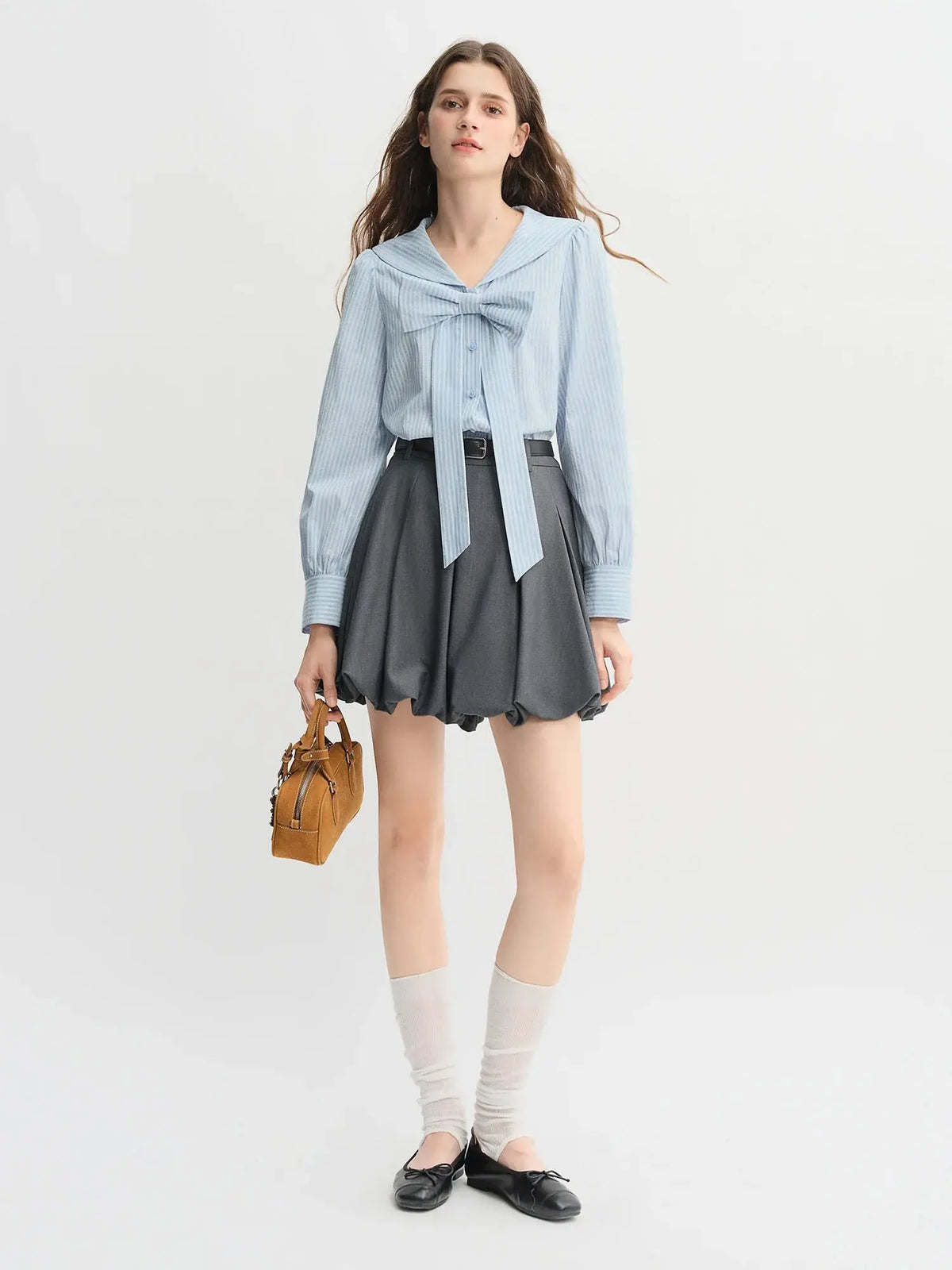 Plus Size Navy Striped Shirt with Collar & Bow Detail