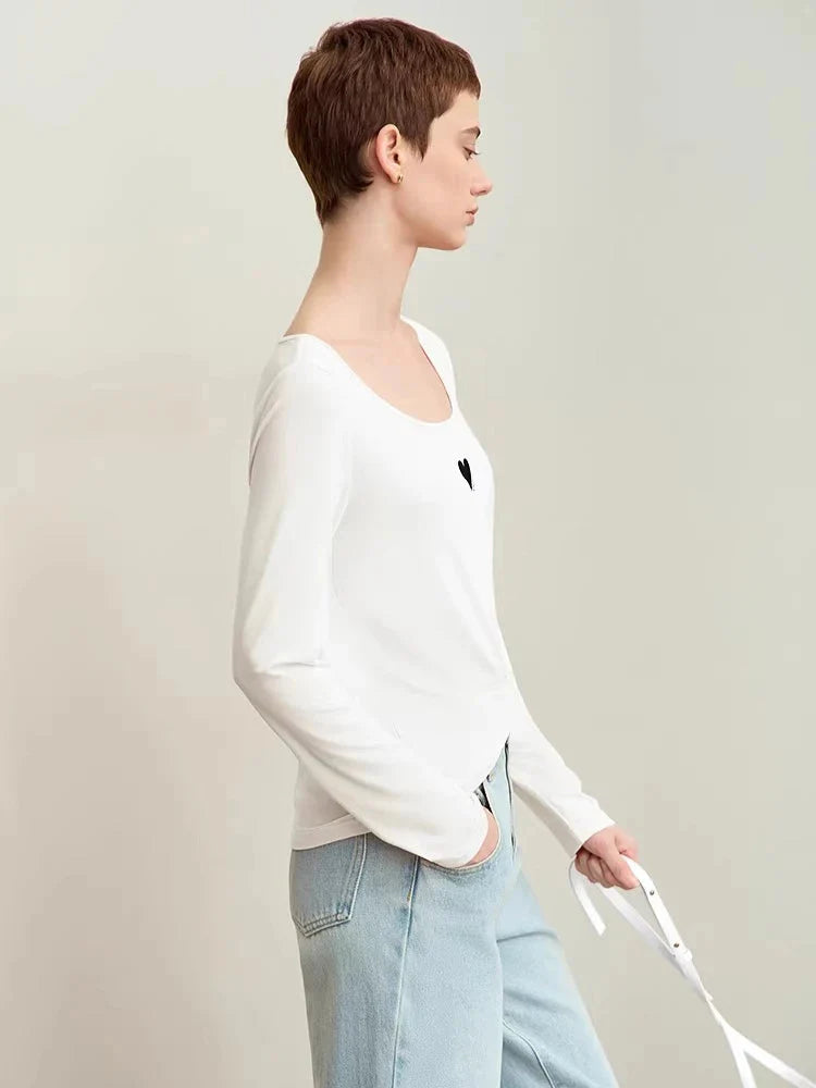 U-Neck Contrast Print Tee Long Sleeve Cotton Basic