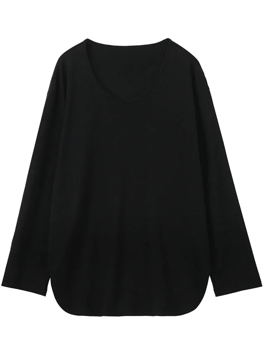 Loose U-Neck Long Sleeve Tee Casual Split Hem Top