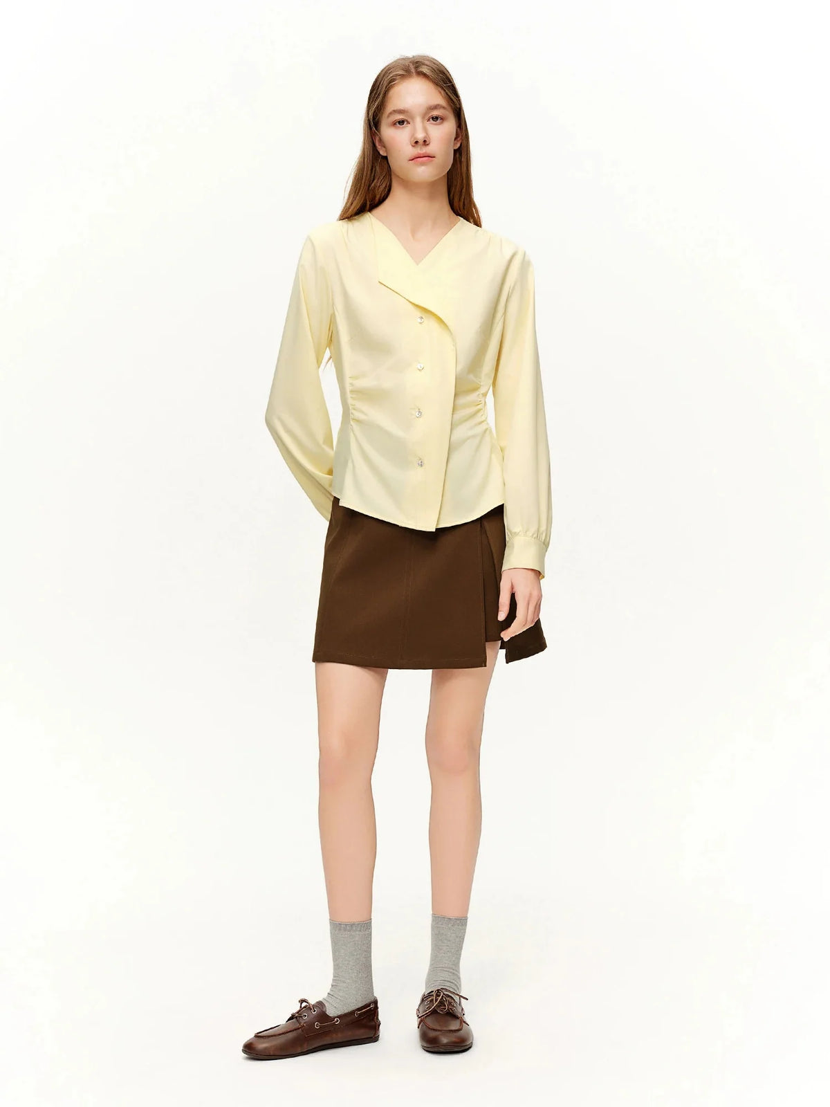Women’s Asymmetrical V-Neck Blouse Slim Fit Office Top