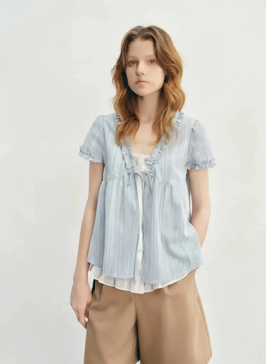 New Blue Striped Ruffle Blouse