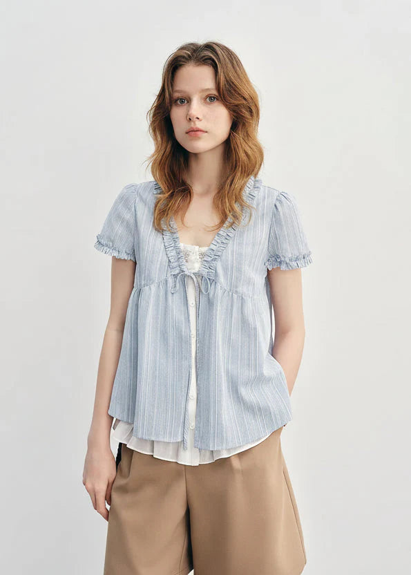 Ruffled Striped Blue Shirt Fake Two-Piece Top