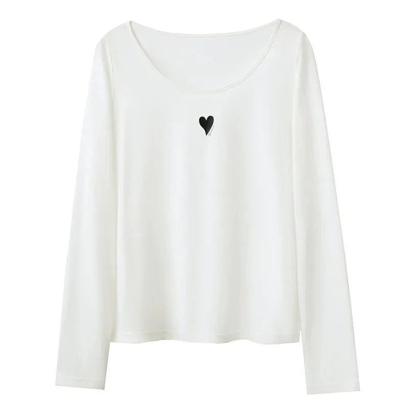 U-Neck Contrast Print Tee Long Sleeve Cotton Basic